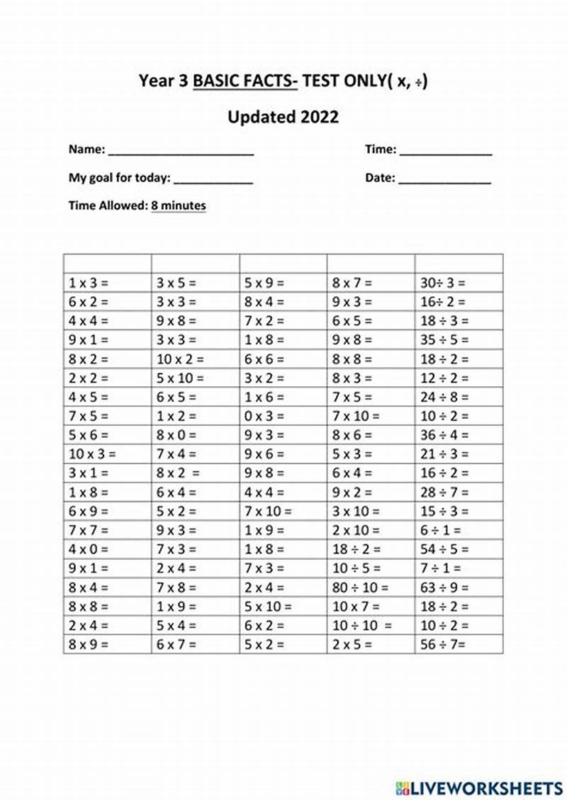 Basic Math Facts Timed Tests Printable