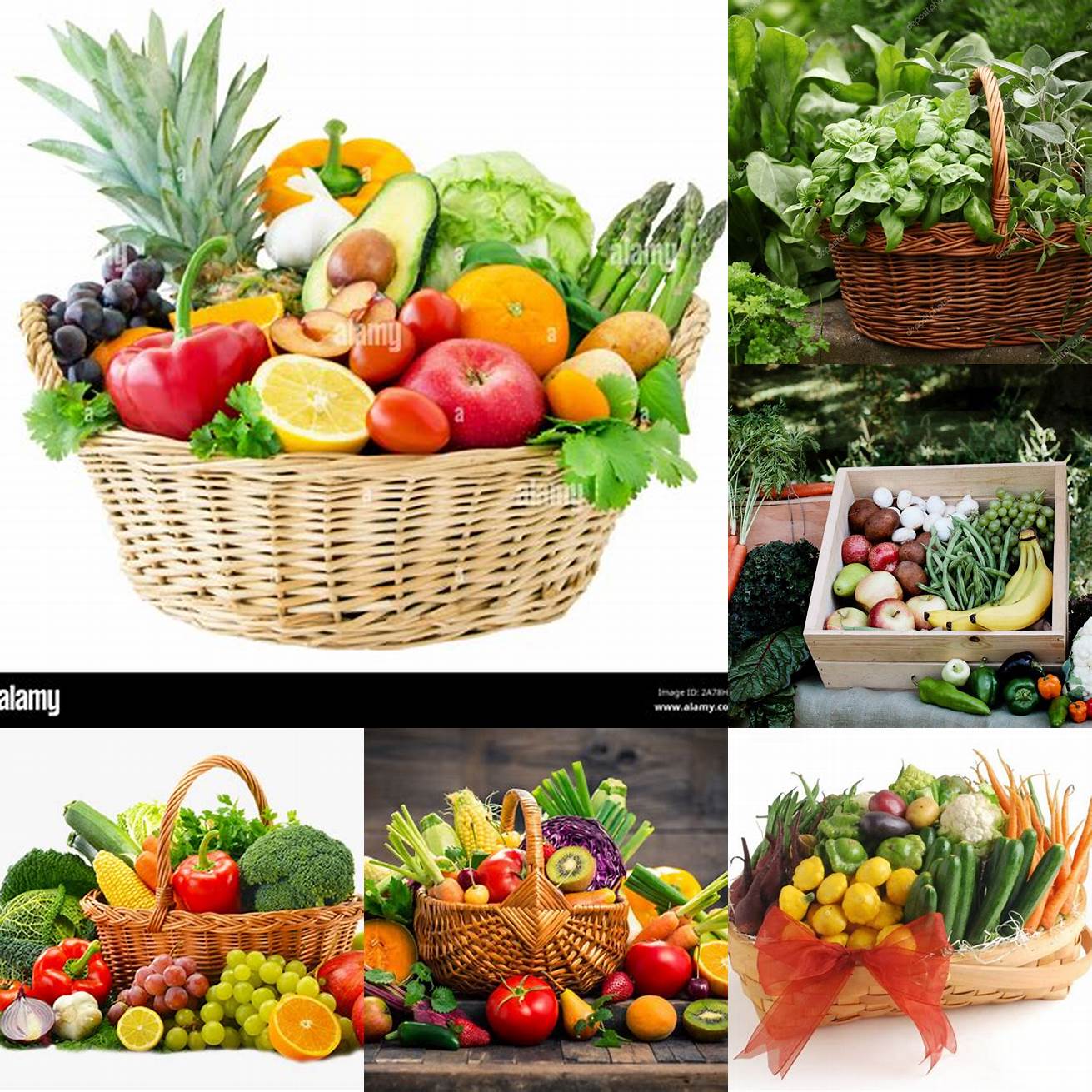 Baskets of fresh produce and herbs
