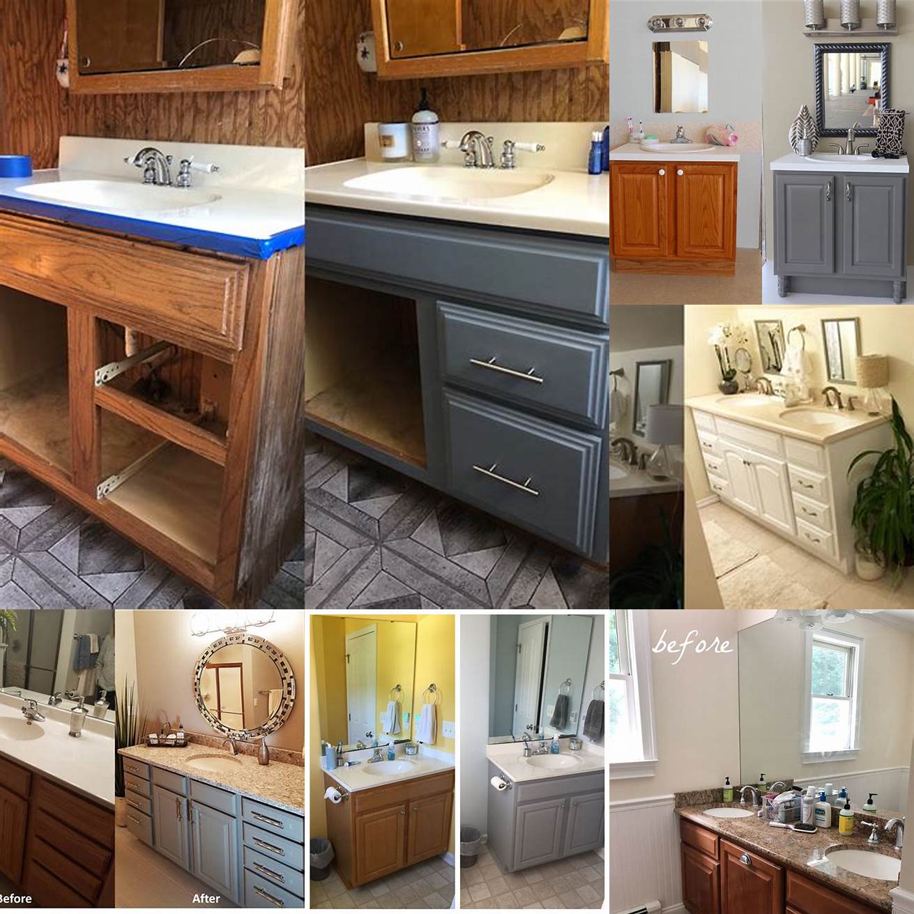 Before and after photos of painted bathroom vanities