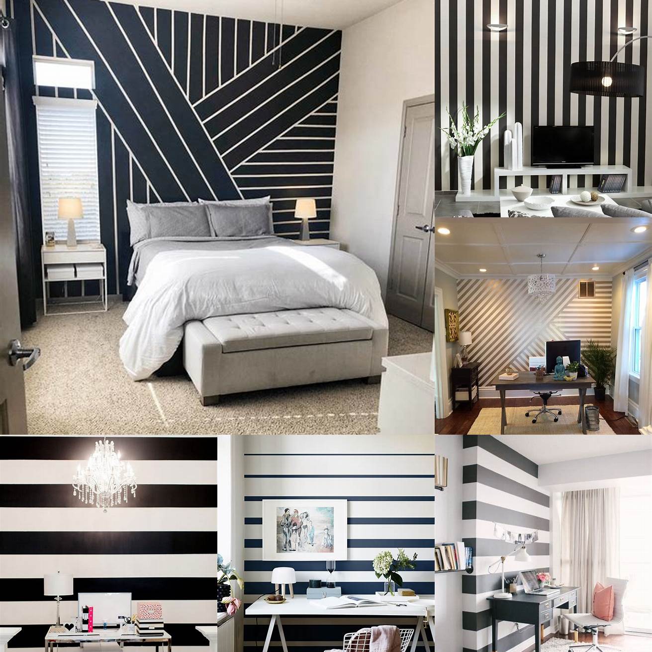 Beige walls with a bold black and white striped accent wall