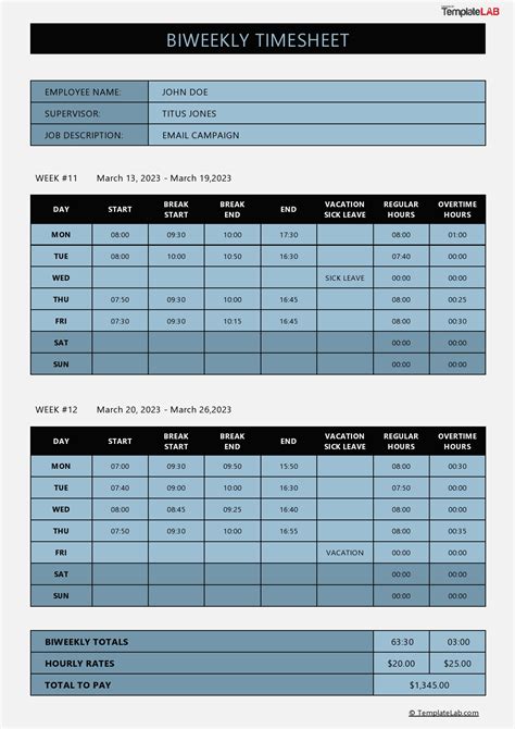 Bi-weekly Timesheet Template Excel Free Download
