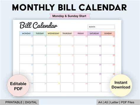 Bill Calendar Printable