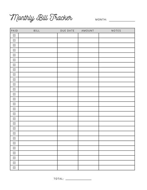 Bill List Printable