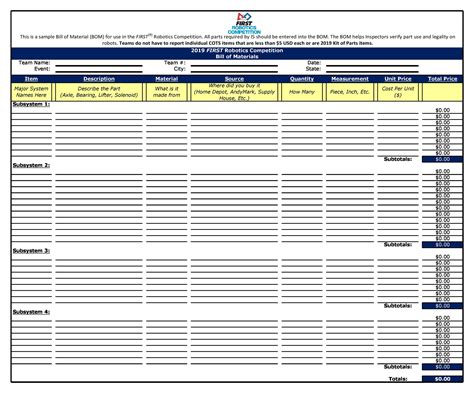 Bill Materials Template Excel