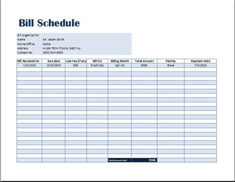 Bill Schedule Template
