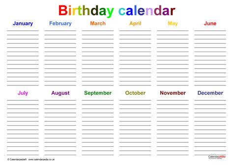 Birthday Calendar Word Template