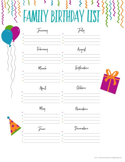 Birthday List Printable