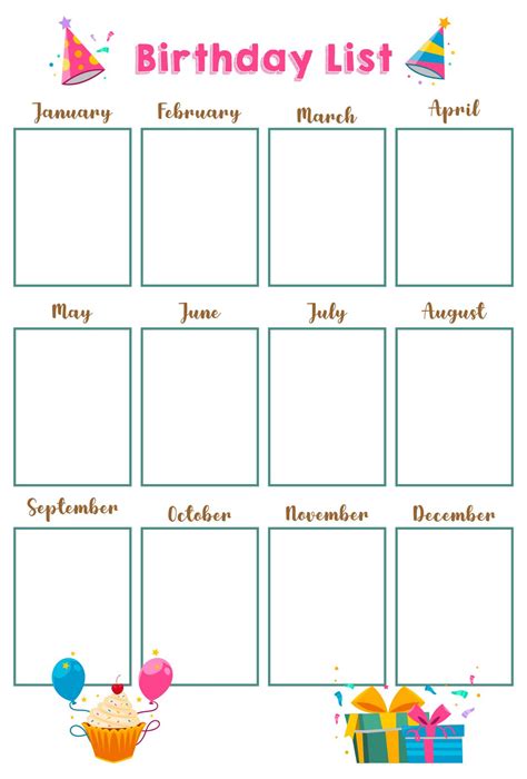 Birthday List Template