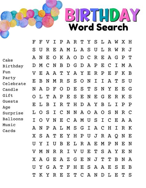 Birthday Word Search Printable