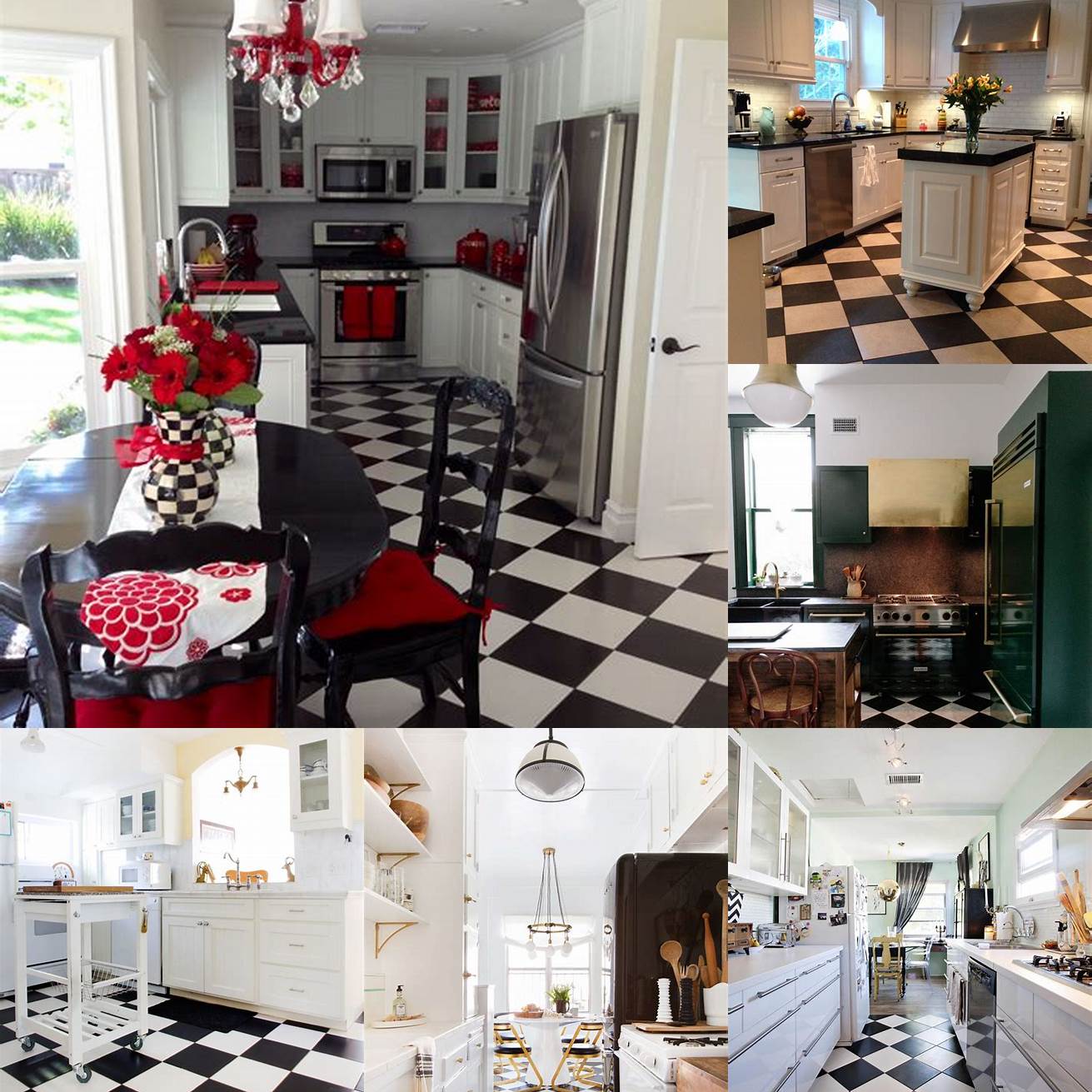Black and white checkered kitchen floor with red accents