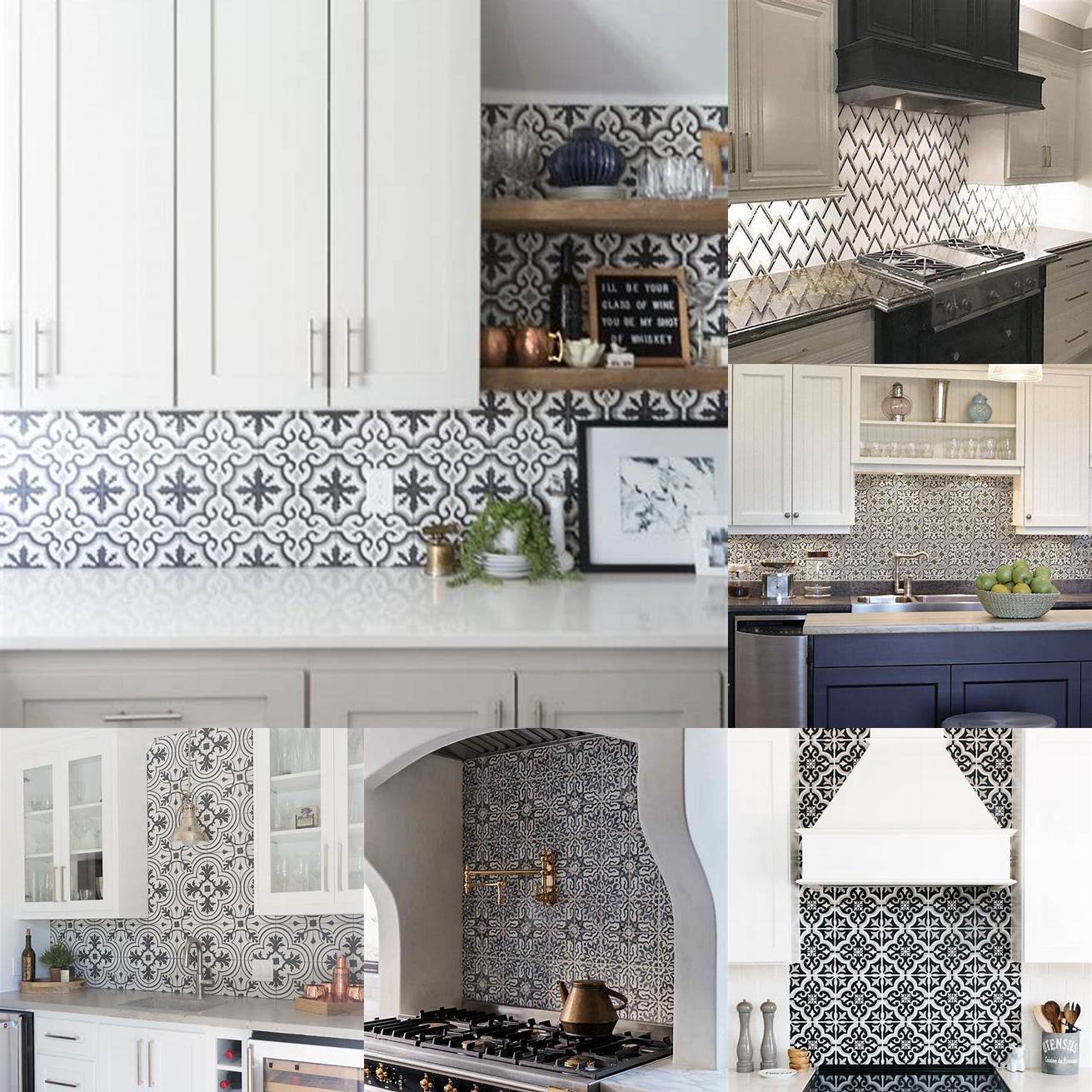 Black and white patterned tiles as backsplash and flooring