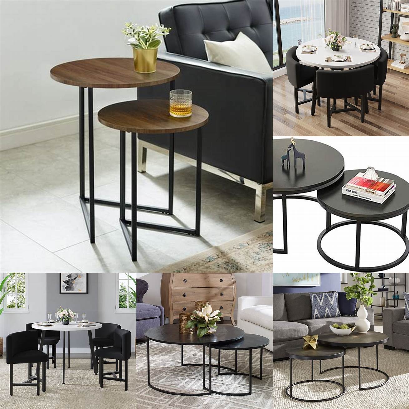 Black nested round kitchen tables that can be easily stored when not in use