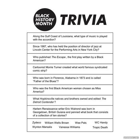 Black History Month Trivia Questions And Answers Printable