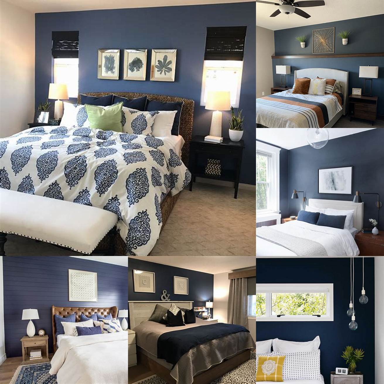 Blue accent wall with white bedding and navy blue accents