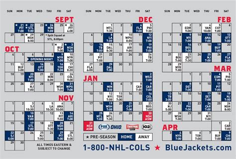 Blue Jackets Printable Schedule