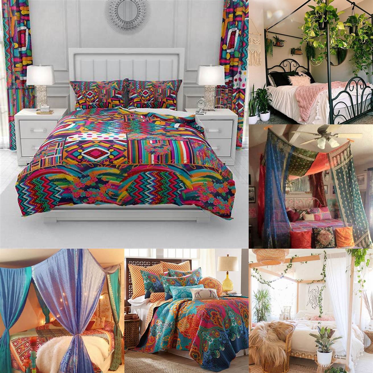 Bohemian metal canopy bed with colorful bedding