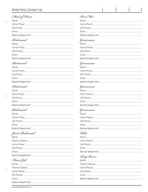 Bridal Party List Template