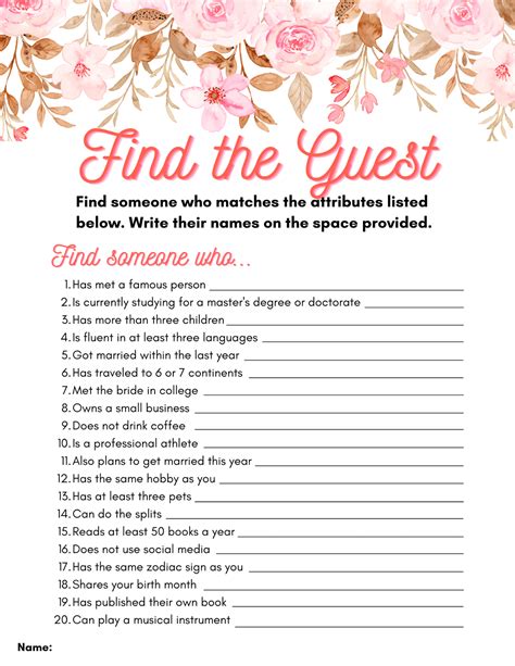 Bridal Shower Find The Guest Free Printable