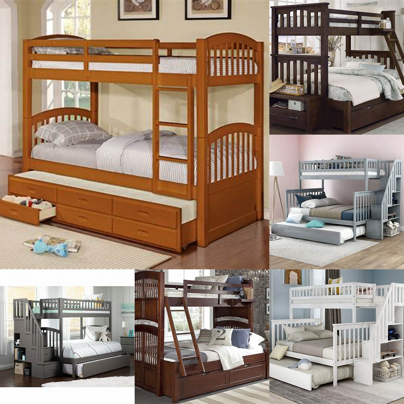 Bunk beds with trundle This type of bed features a twin-size or full-size trundle bed that can be placed under a bunk bed frame It is perfect for kids rooms or vacation homes where you need to maximize sleeping space