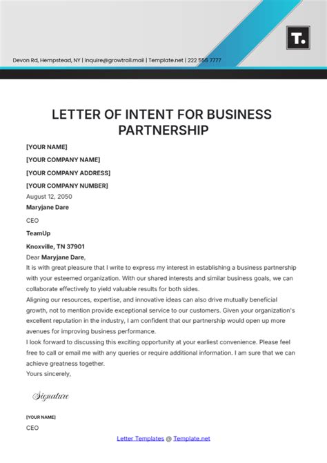 Business Letter Of Intent Template