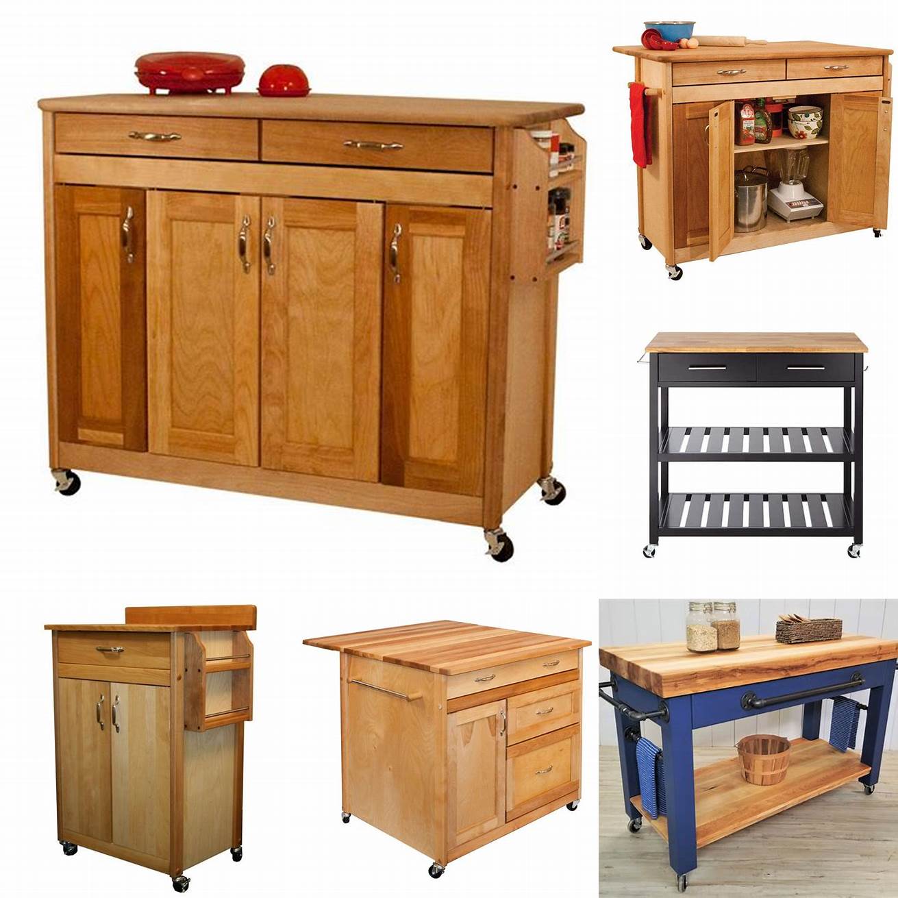 Butcher block kitchen cart with drawers and cabinets