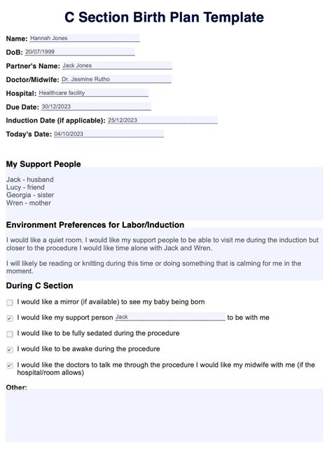 C Section Birth Plan Template