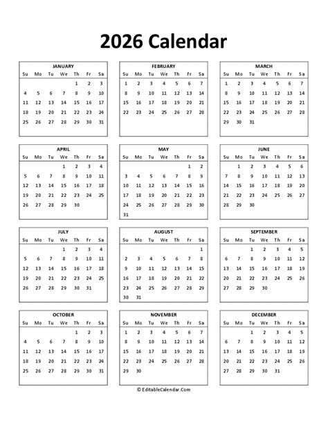 Calendar 2026 Printable