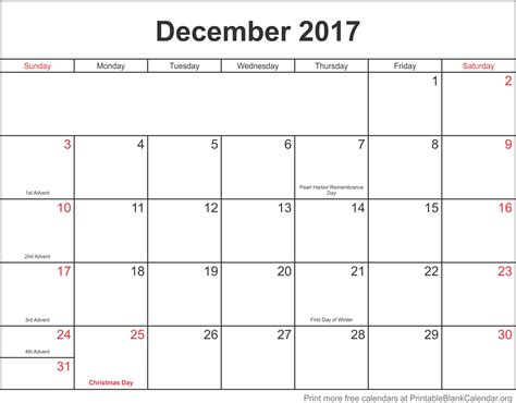 Calendar Of December 2017 Printable
