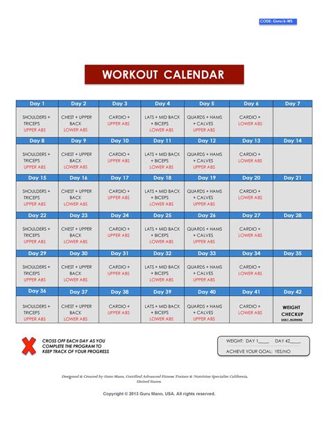 Calendar Workout Template