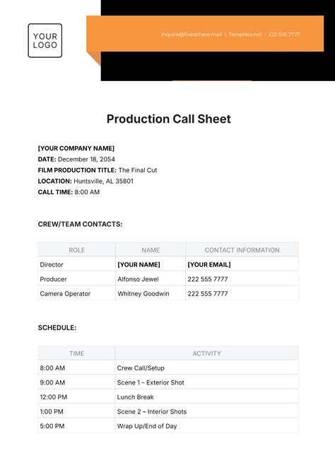 Call Sheet Free Template