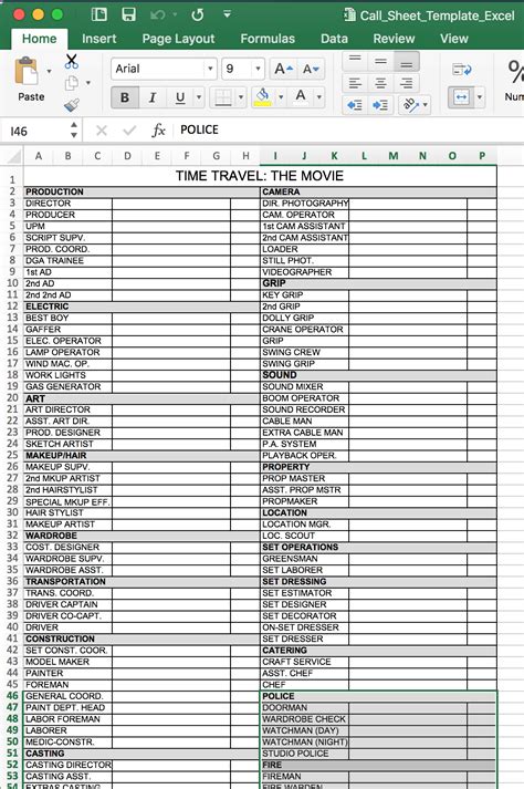 Call Sheet Template Excel