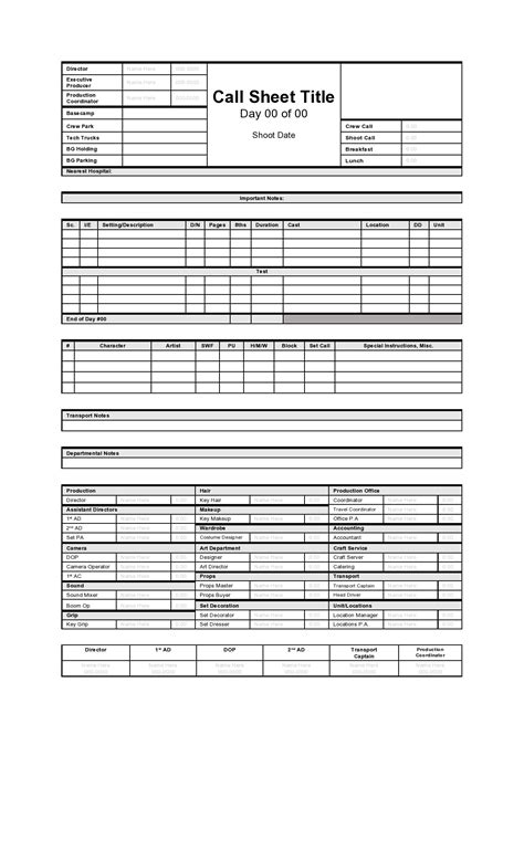 Call Sheets Template