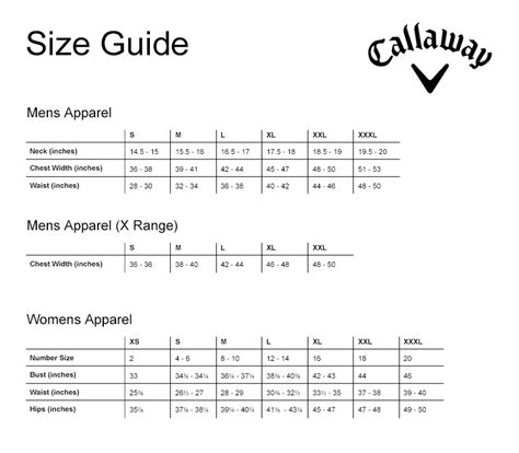 Callaway Golf Shirt Size Chart