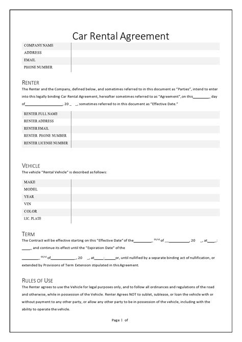 Car Rental Contract Sample Template