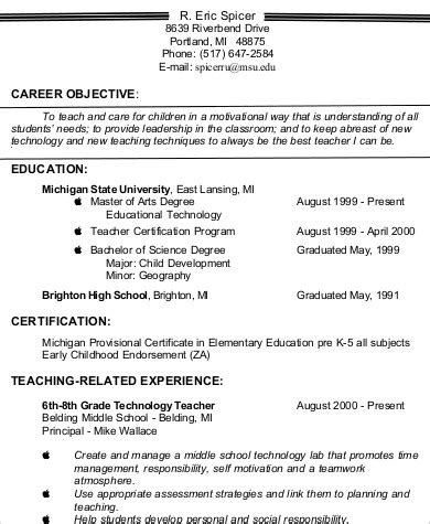 Career Objective For Teacher Resume