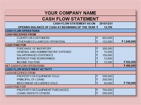 Cash Flow Statement Template
