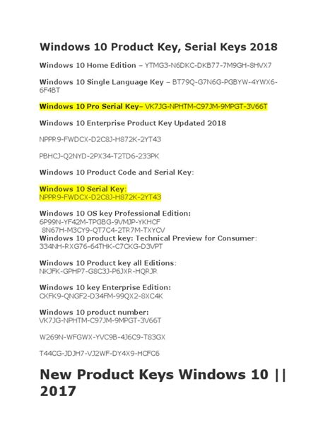 Catalog Of Windows 10 Product Keys Pro