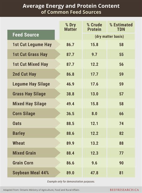 Cattle Feed Protein Chart