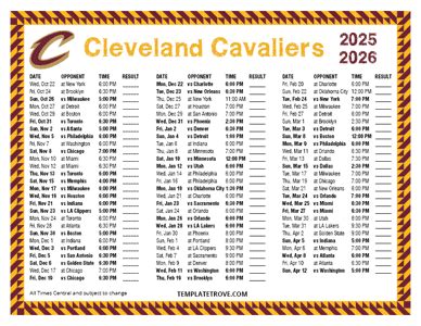 Cavaliers Printable Schedule