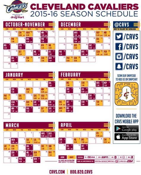 Cavs Printable Schedule