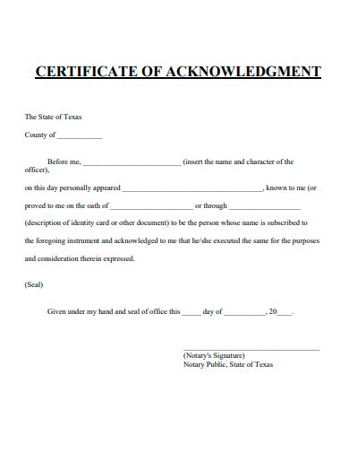 Certificate Of Acknowledgement Template