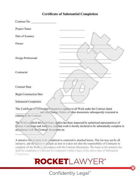 Certificate Of Substantial Completion Template