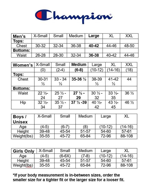 Champion Sizing Chart