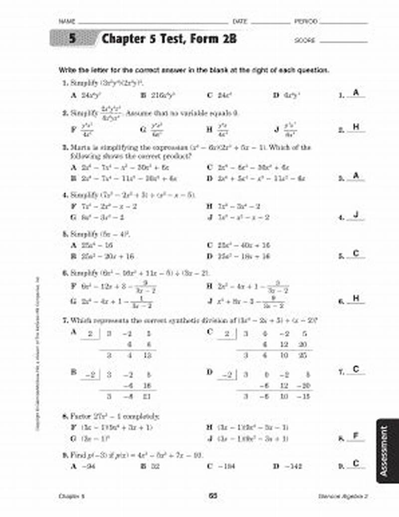 Chapter 8 Test Form 1 Answer Key