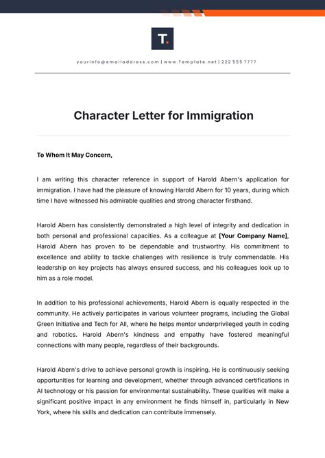 Character Letter Template For Immigration