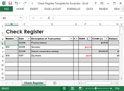 Check Register Excel Template Free