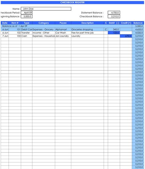 Checkbook Excel Template