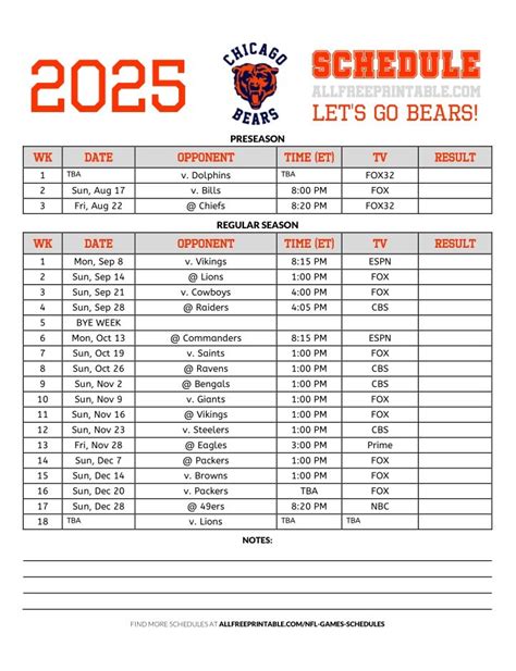 Chicago Bears Schedule Printable
