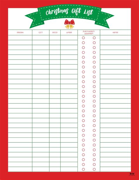 Christmas Gift List Printable Free