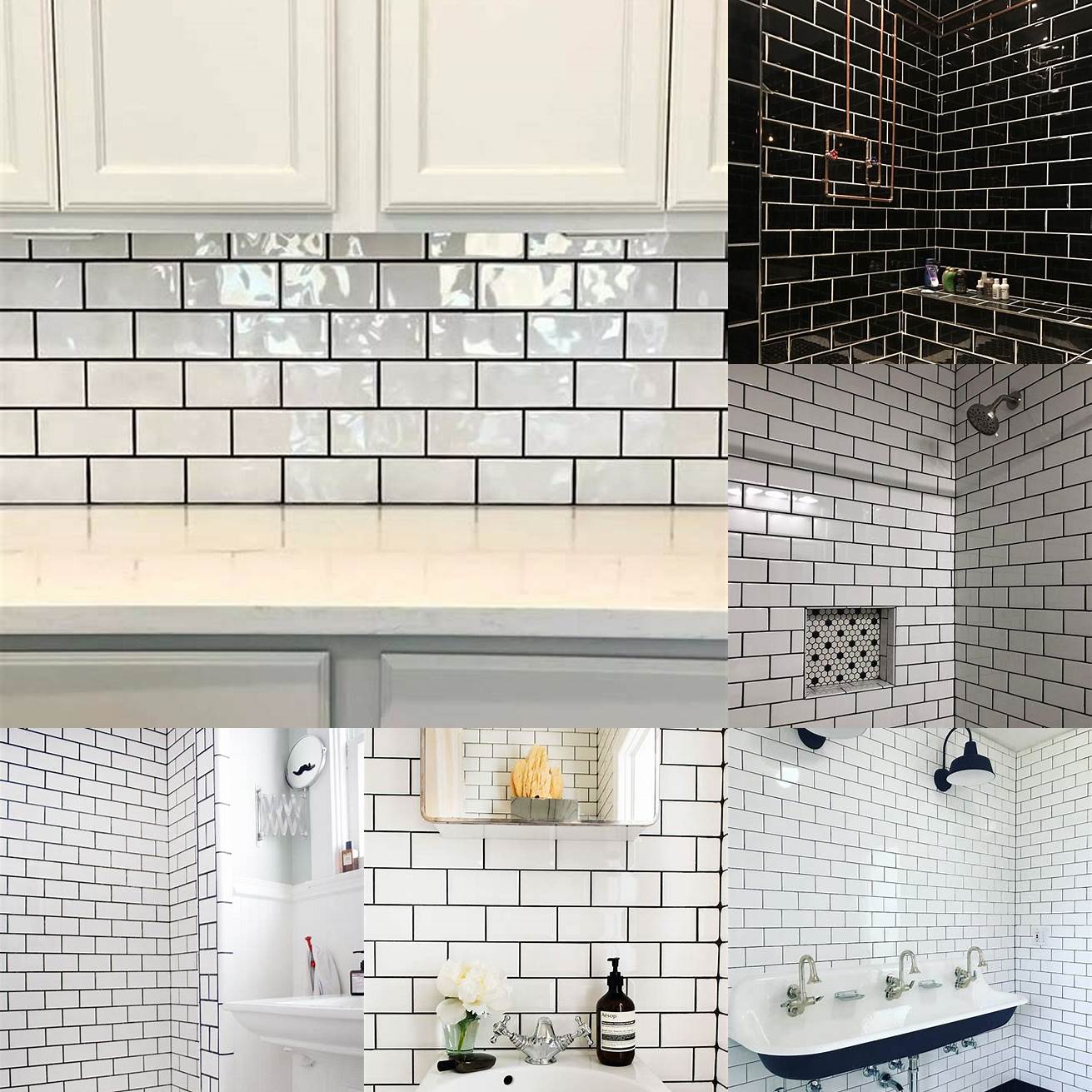 Classic white subway tiles with black grout